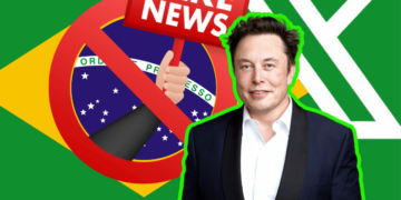 Brazil investigated Elon Musk over fake news and obstruction on X. The image features Elon Musk superimposed on a background consisting of the Brazilian flag and a large red prohibition sign that overlays the text "FAKE NEWS" on a sign being held by a hand. This graphical composition suggests a theme of combating misinformation, with a particular focus on Brazil's efforts or issues related to fake news. The juxtaposition of Elon Musk with this message may imply his involvement or interest in these matters, possibly in a tech or social media context.