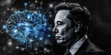 Elon Musk side profile black and white on a black background with a large neon blue electrical brain behind him and symbols to represent AI