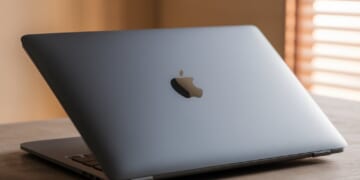 A sleek, closed MacBook Pro computer, featuring the signature silver Apple logo on the lid. The device lies on a minimalistic wooden desk with a few pens and a notepad nearby. The background is a warm, serene room with soft, natural light filtering in through the blinds on a nearby window.