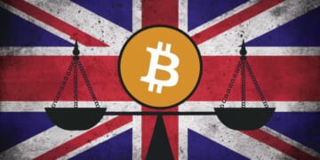 A digital illustration featuring the U.K. flag, a Bitcoin symbol, and a balance scale representing the regulatory balance between innovation and consumer protection.